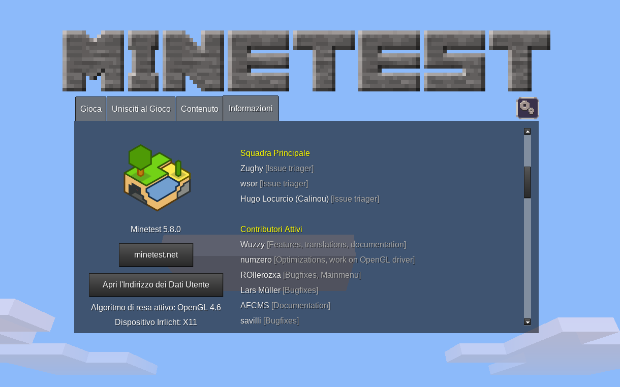 Minetest info screen