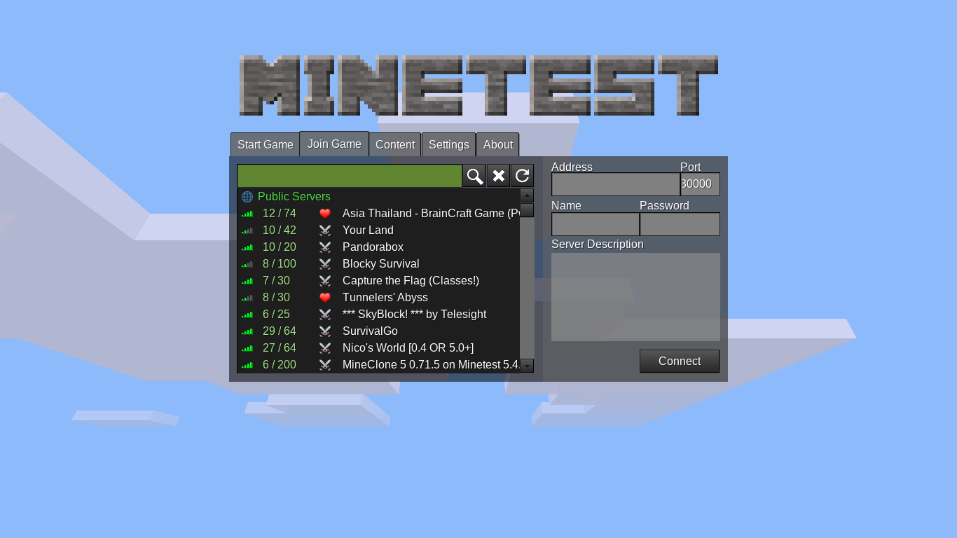 Minetest main screen